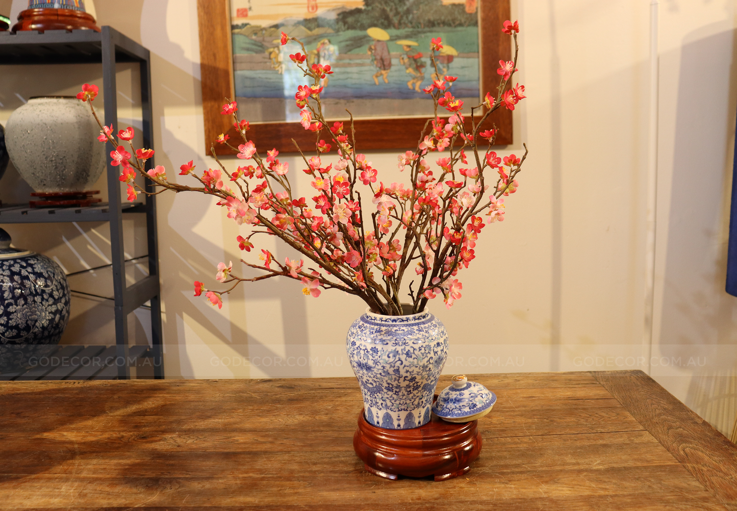 52CM Tall Artificial Flower Arrangement Plum Blossom In White & Blue Pattern Jar (ARAS1,2)