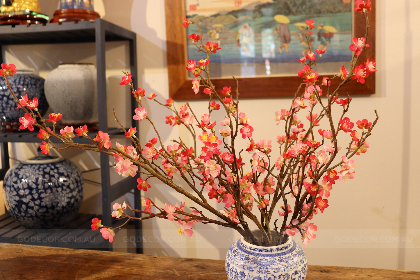 52CM Tall Artificial Flower Arrangement Plum Blossom In White & Blue Pattern Jar (ARAS1,2)