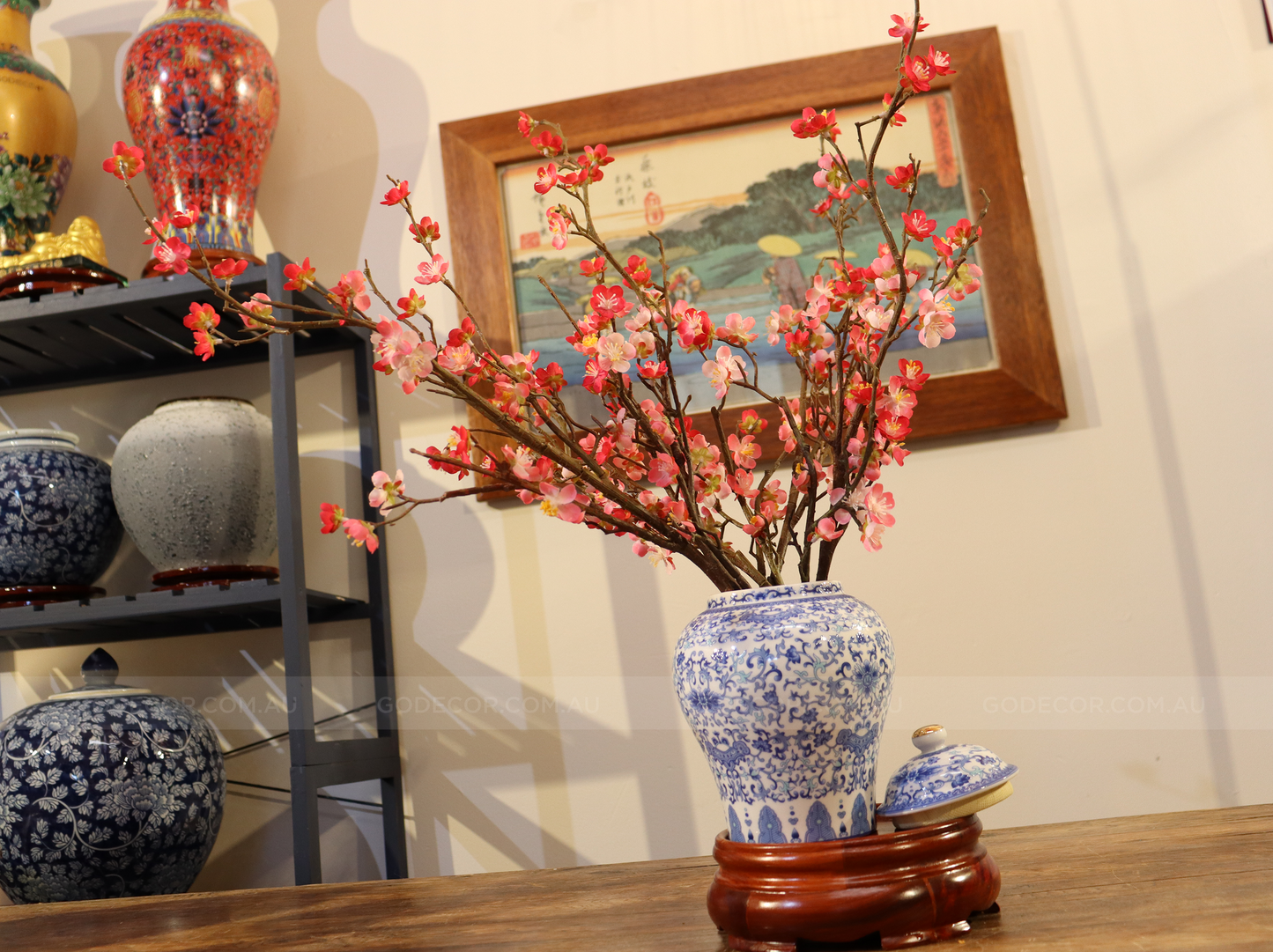 52CM Tall Artificial Flower Arrangement Plum Blossom In White & Blue Pattern Jar (ARAS1,2)