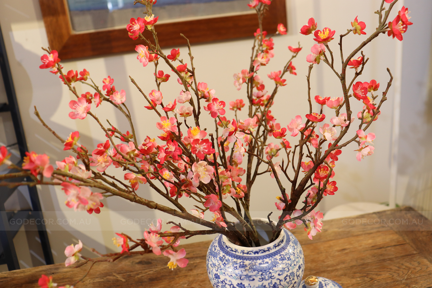 52CM Tall Artificial Flower Arrangement Plum Blossom In White & Blue Pattern Jar (ARAS1,2)
