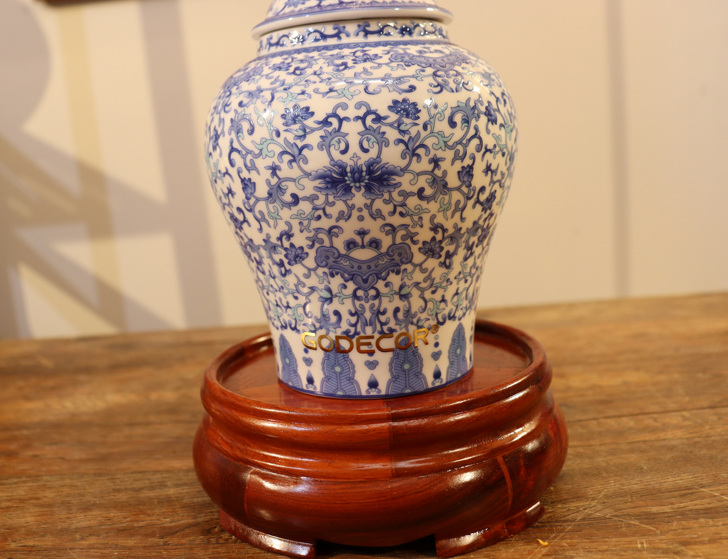52CM Tall Artificial Flower Arrangement Plum Blossom In White & Blue Pattern Jar (ARAS1,2)