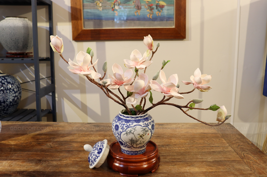 39CM Tall Artificial Flower Arrangement Realistic Magnolia In White & Blue Chinese Pattern Jar (ARAT1)