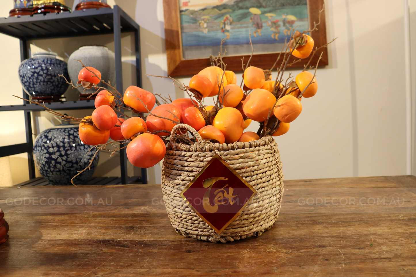 54CM Tall Artificial Flower Arrangement Realistic Persimmon In Rattan Basket (ARBA1)