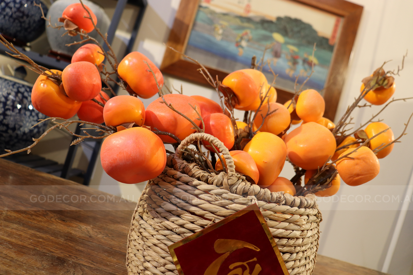 54CM Tall Artificial Flower Arrangement Realistic Persimmon In Rattan Basket (ARBA1)