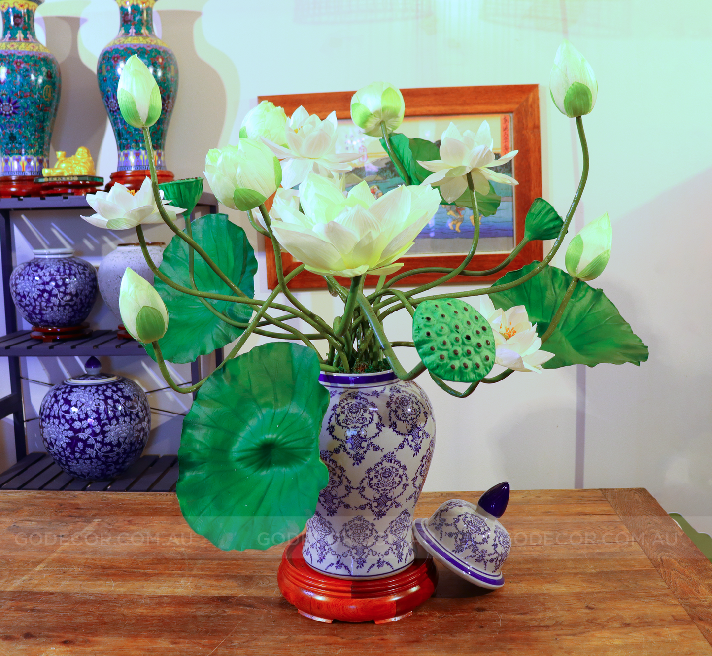 Extra Large Arrangement Artificial Flower Realistic Lotus In Blue & White Pattern Jar (ARCQ1)
