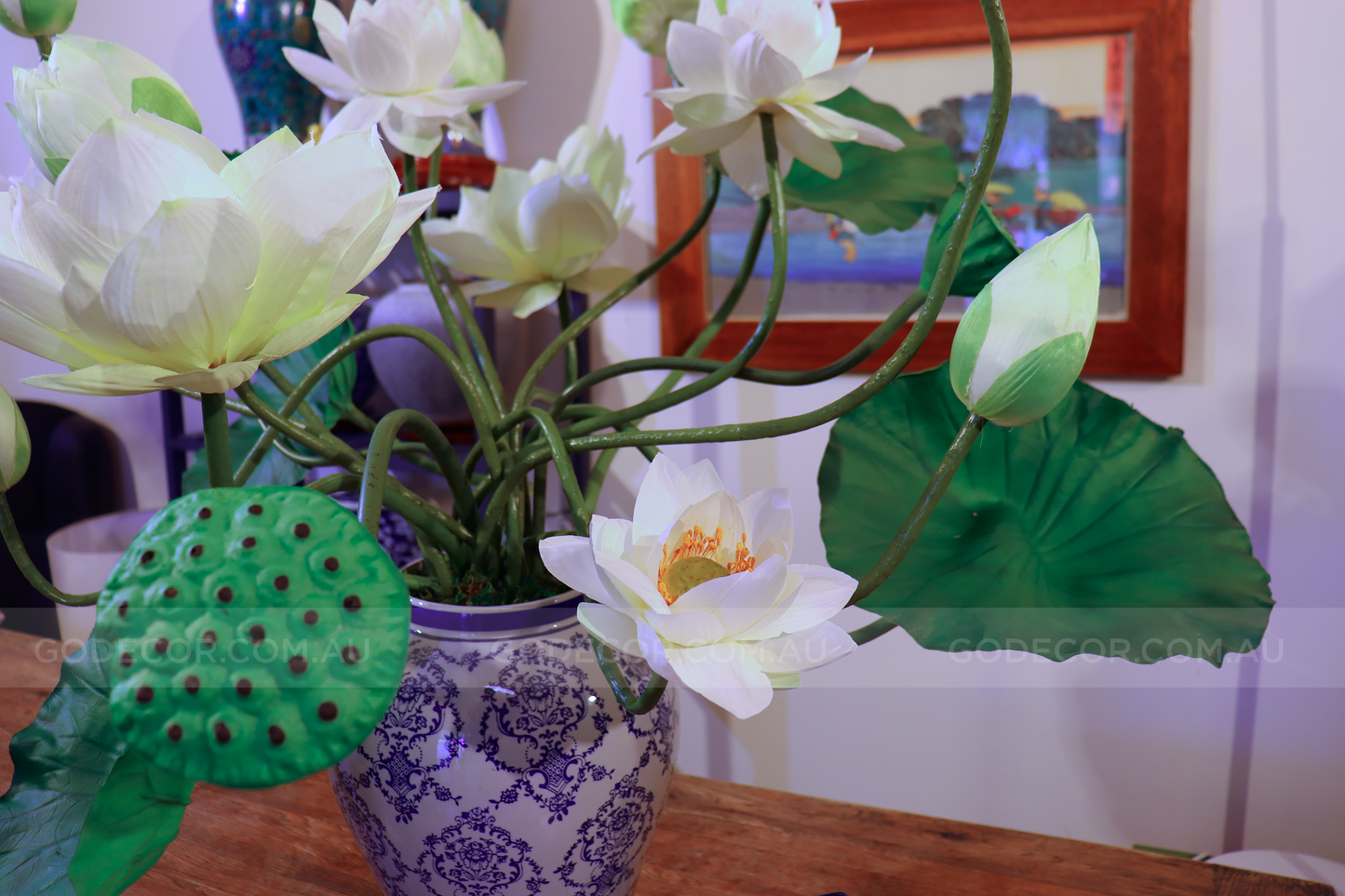 Extra Large Arrangement Artificial Flower Realistic Lotus In Blue & White Pattern Jar (ARCQ1)