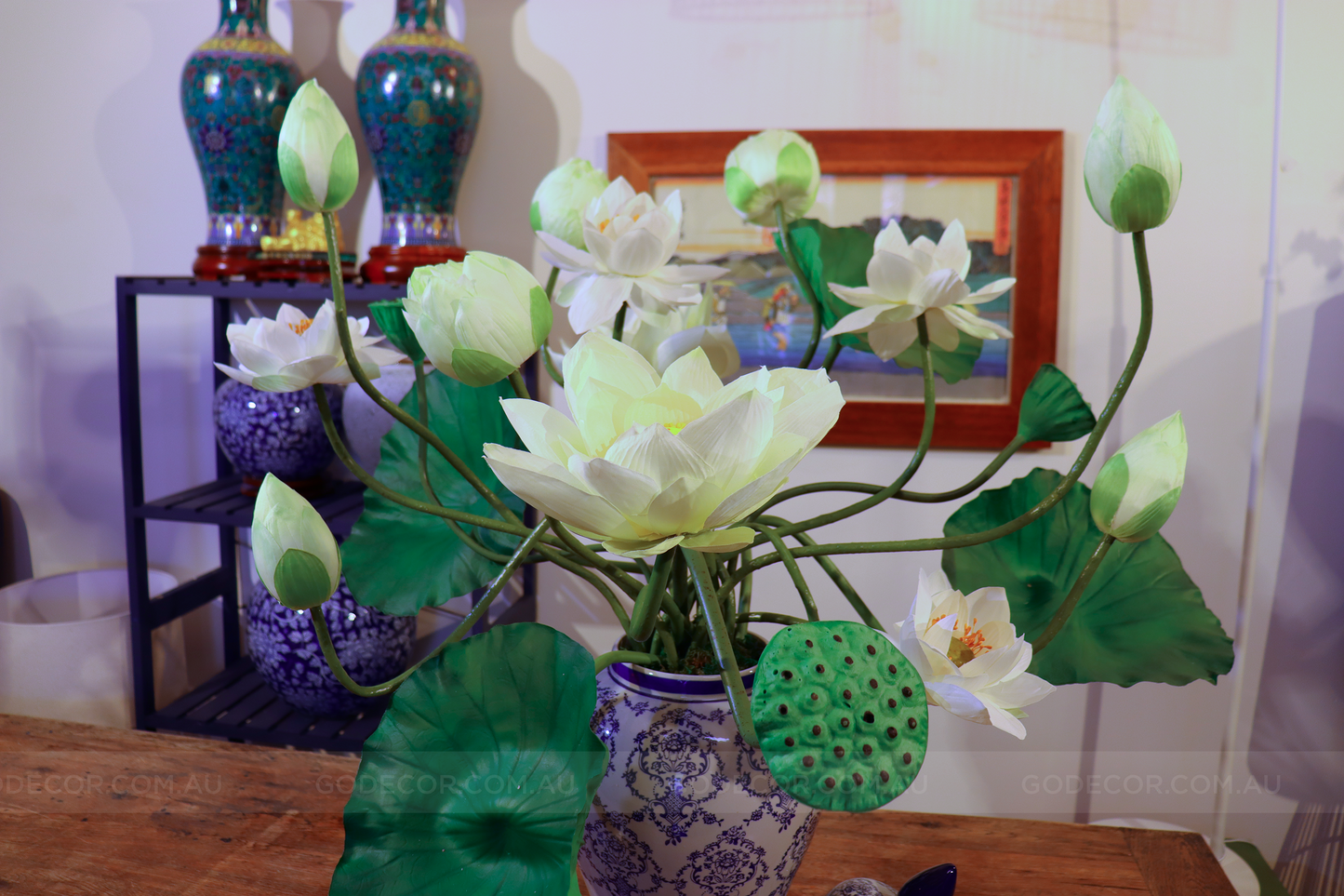 Extra Large Arrangement Artificial Flower Realistic Lotus In Blue & White Pattern Jar (ARCQ1)