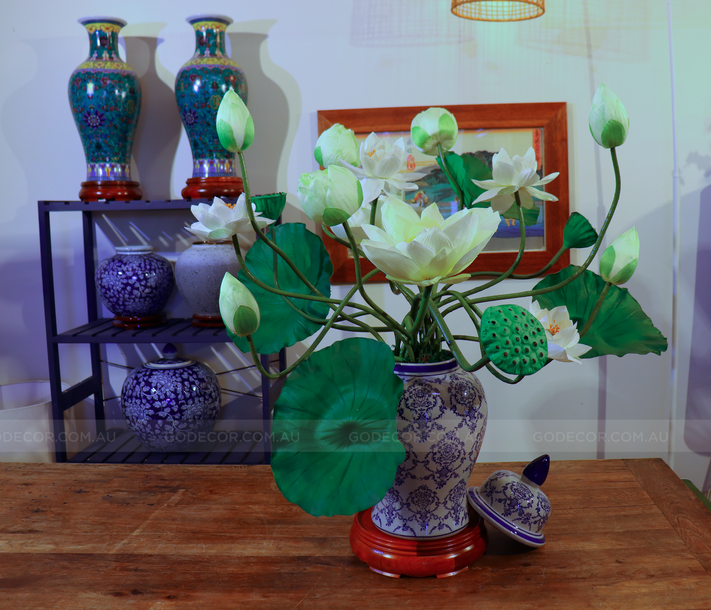 Extra Large Arrangement Artificial Flower Realistic Lotus In Blue & White Pattern Jar (ARCQ1)