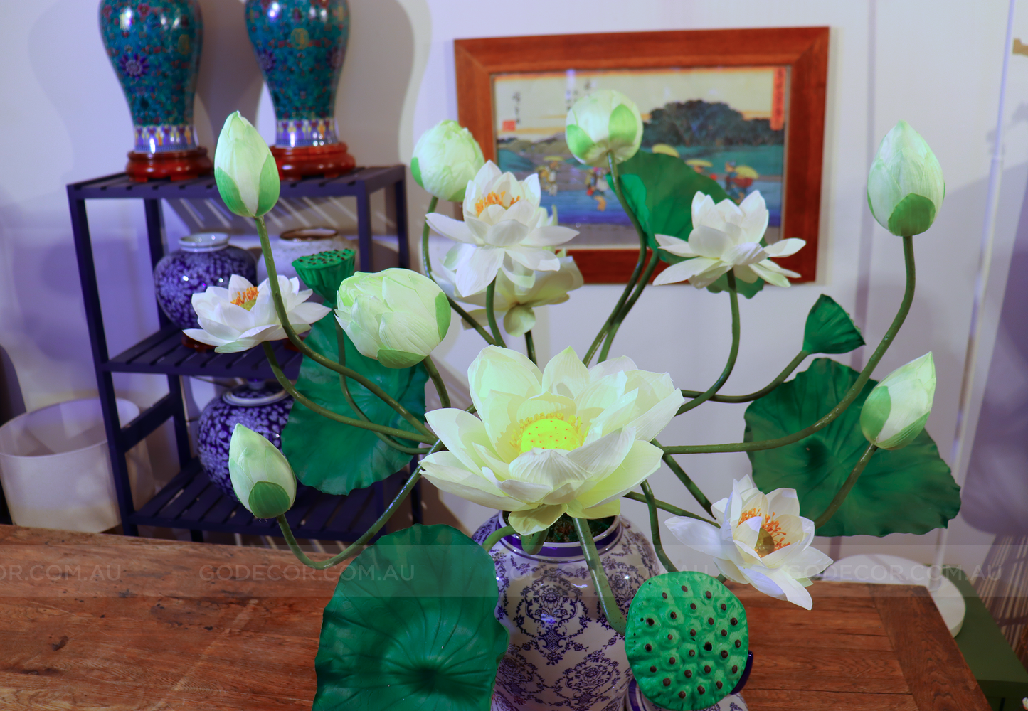 Extra Large Arrangement Artificial Flower Realistic Lotus In Blue & White Pattern Jar (ARCQ1)