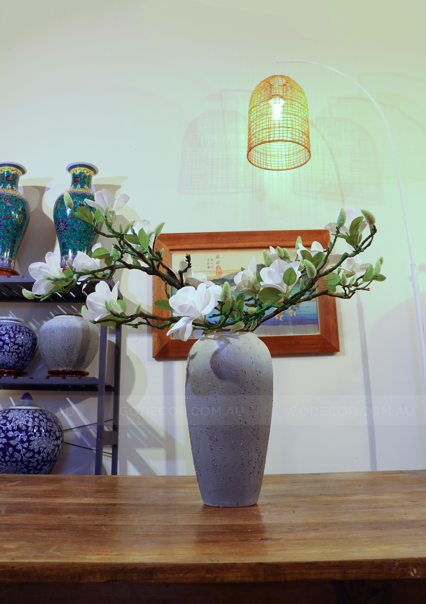 69CM Tall Artificial Flower Arrangement Realistic White Magnolia In Long Grey Ombre Vase (ARBB2)