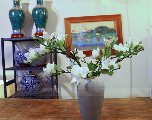 69CM Tall Artificial Flower Arrangement Realistic White Magnolia In Long Grey Ombre Vase (ARBB2)
