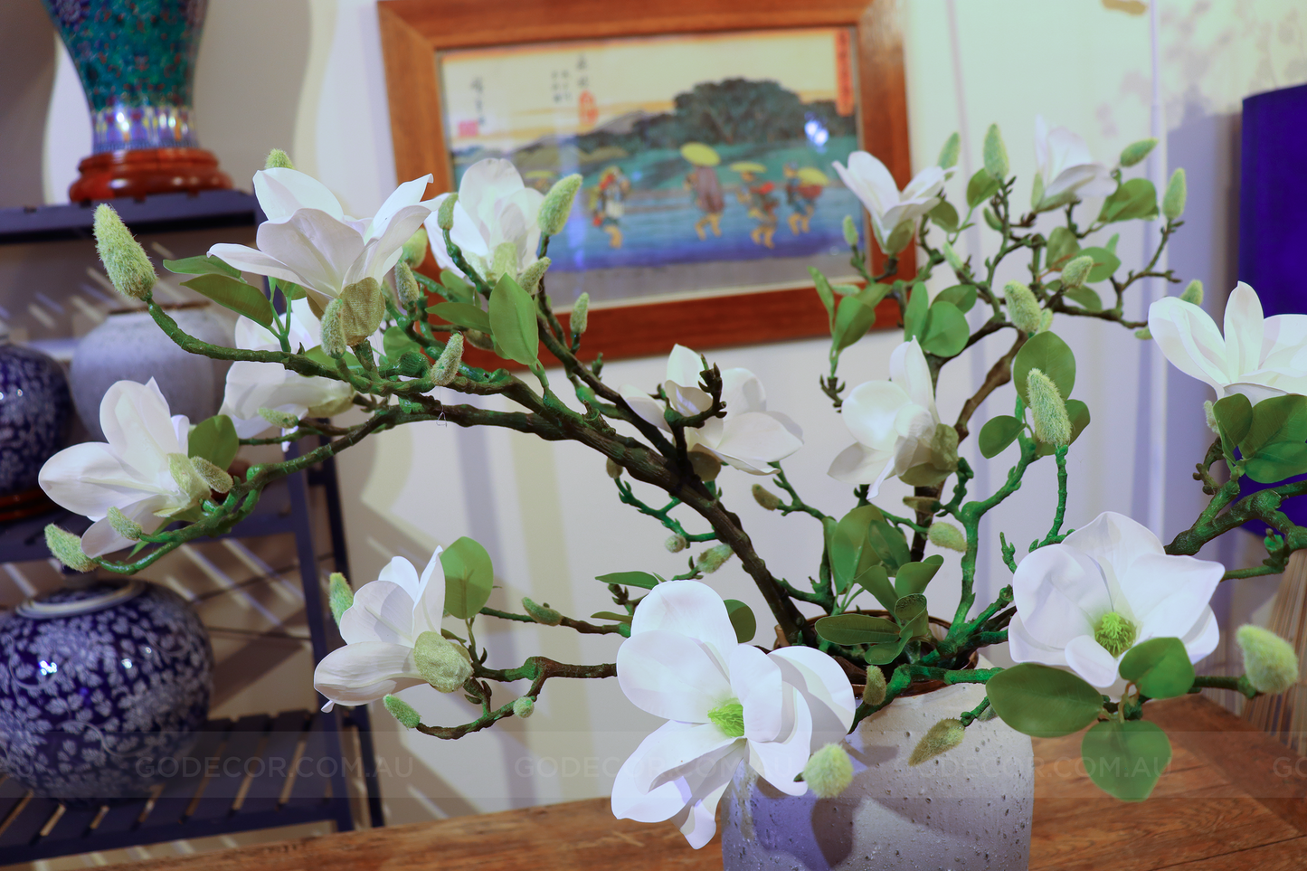 69CM Tall Artificial Flower Arrangement Realistic White Magnolia In Long Grey Ombre Vase (ARBB2)