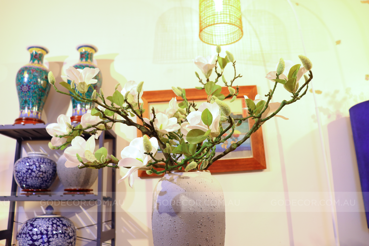 69CM Tall Artificial Flower Arrangement Realistic White Magnolia In Long Grey Ombre Vase (ARBB2)