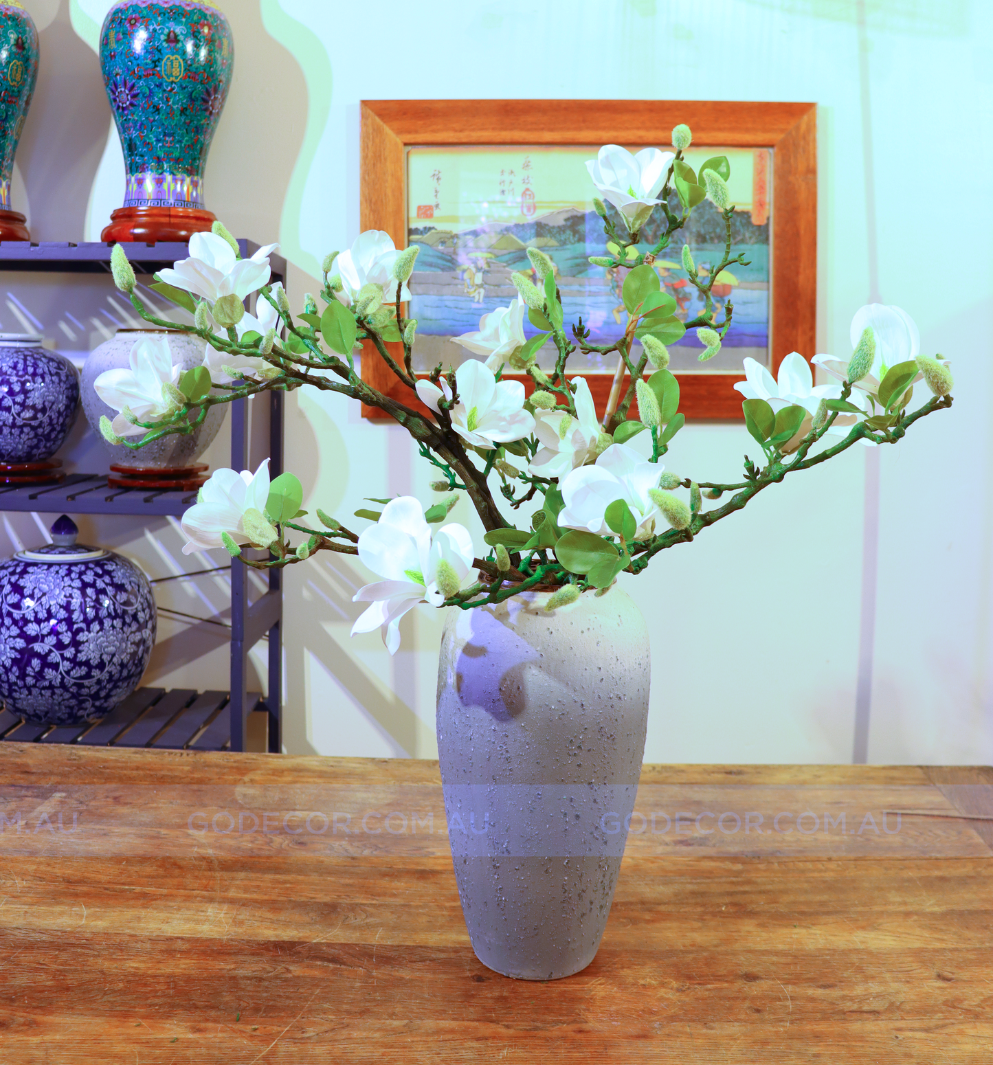 69CM Tall Artificial Flower Arrangement Realistic White Magnolia In Long Grey Ombre Vase (ARBB2)
