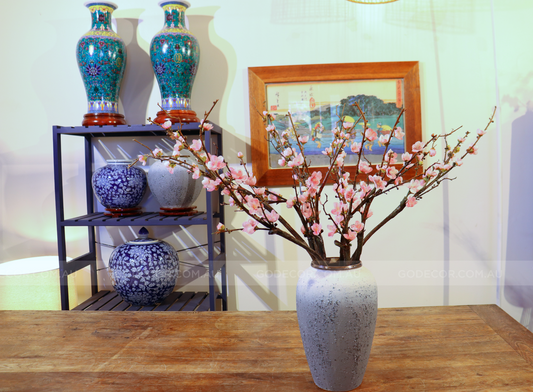 75CM Tall Artificial Flowers Arrangement Peach Blossom In Grey Ombre Vase (ARBE1)