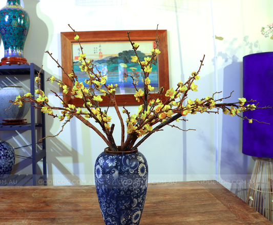 75CM Tall Artificial Flowers Arrangement Yellow Blossom In Blue & White Pattern Vase (ARBF1)