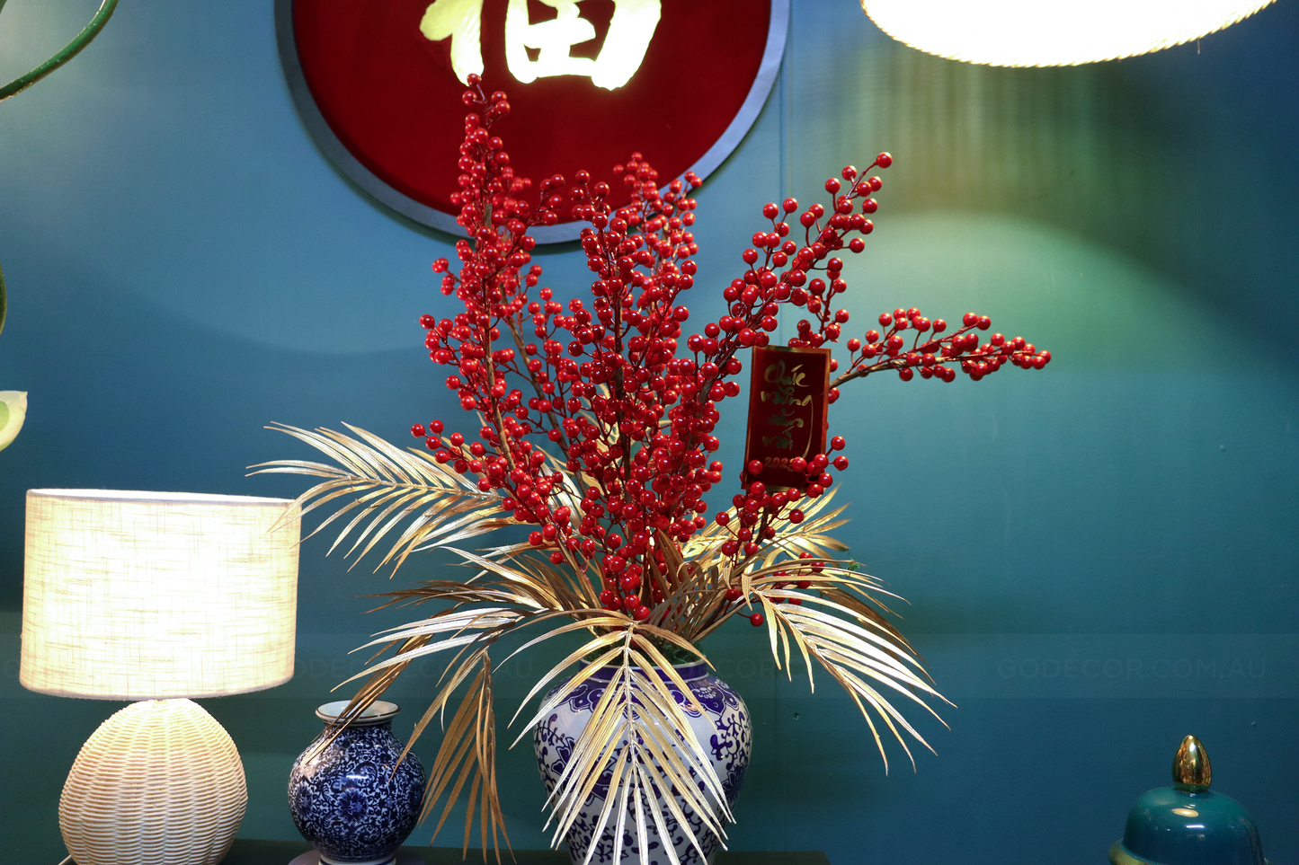 81CM Tall Artificial Flower Arrangement Berry Branches In White & Blue Pattern Ginger Jar(ARBL1)