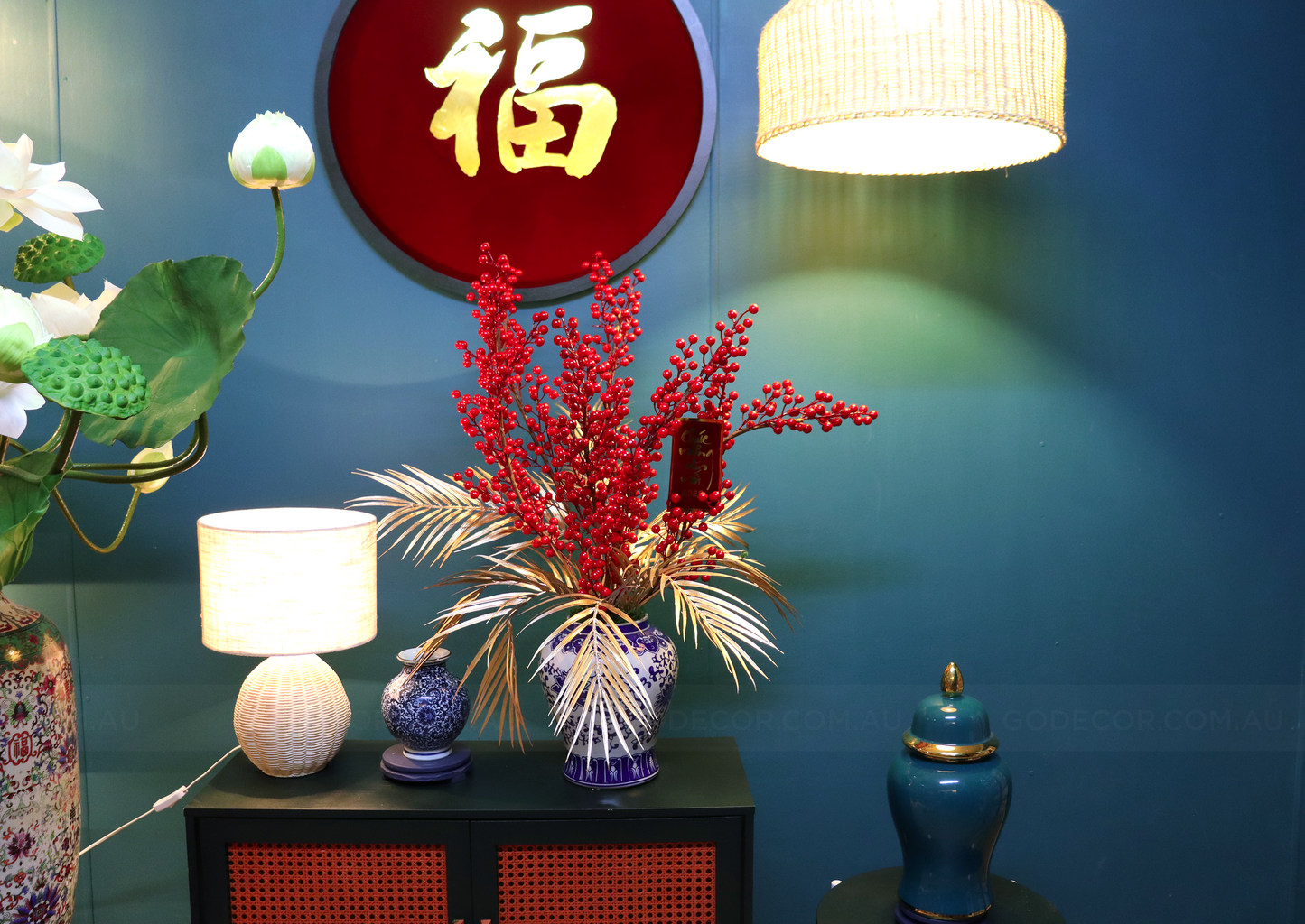 81CM Tall Artificial Flower Arrangement Berry Branches In White & Blue Pattern Ginger Jar(ARBL1)
