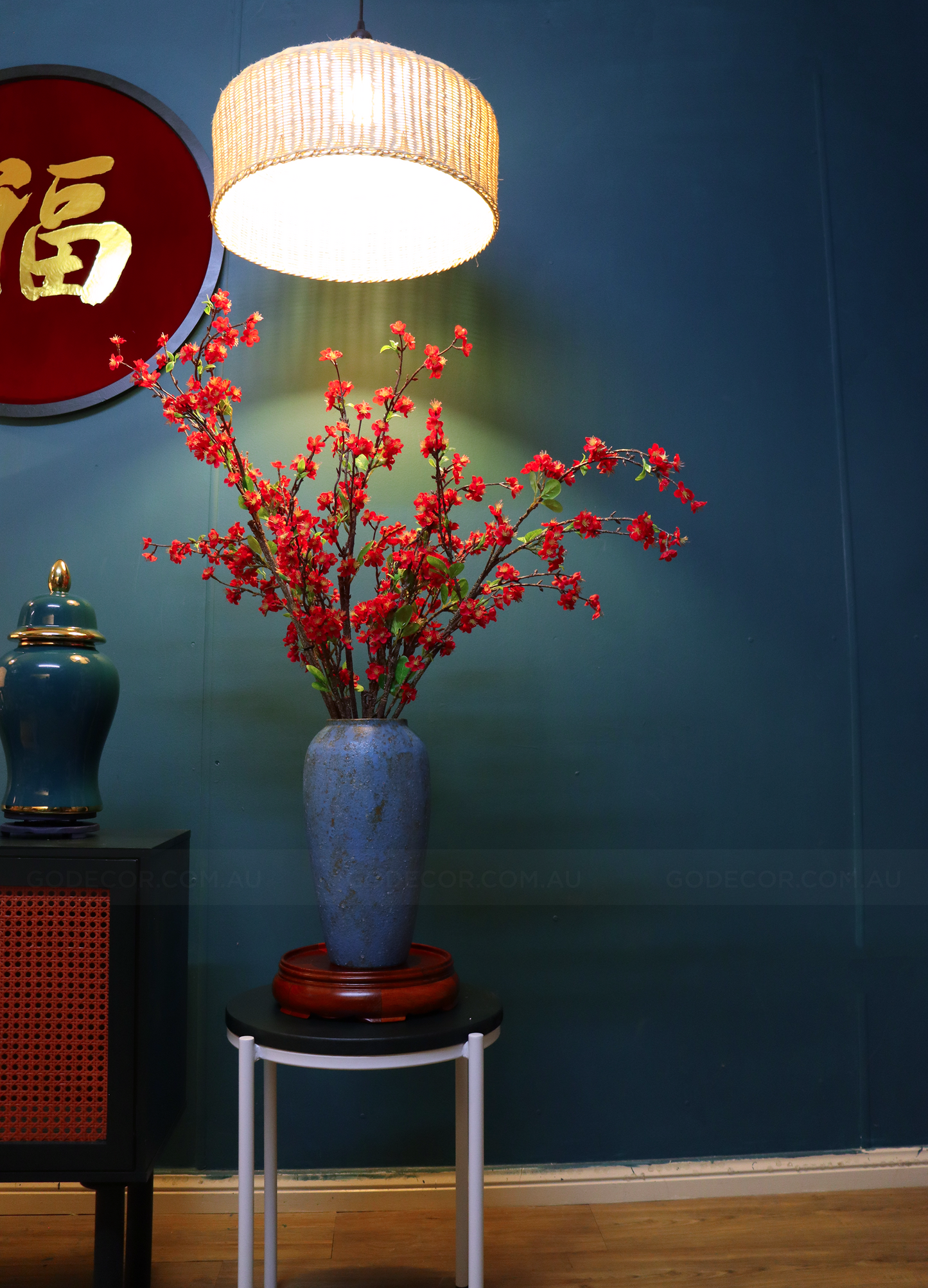 1M Tall Artifical Flower Arrangement Red Cherry Blossom In Vase (ARBK3)