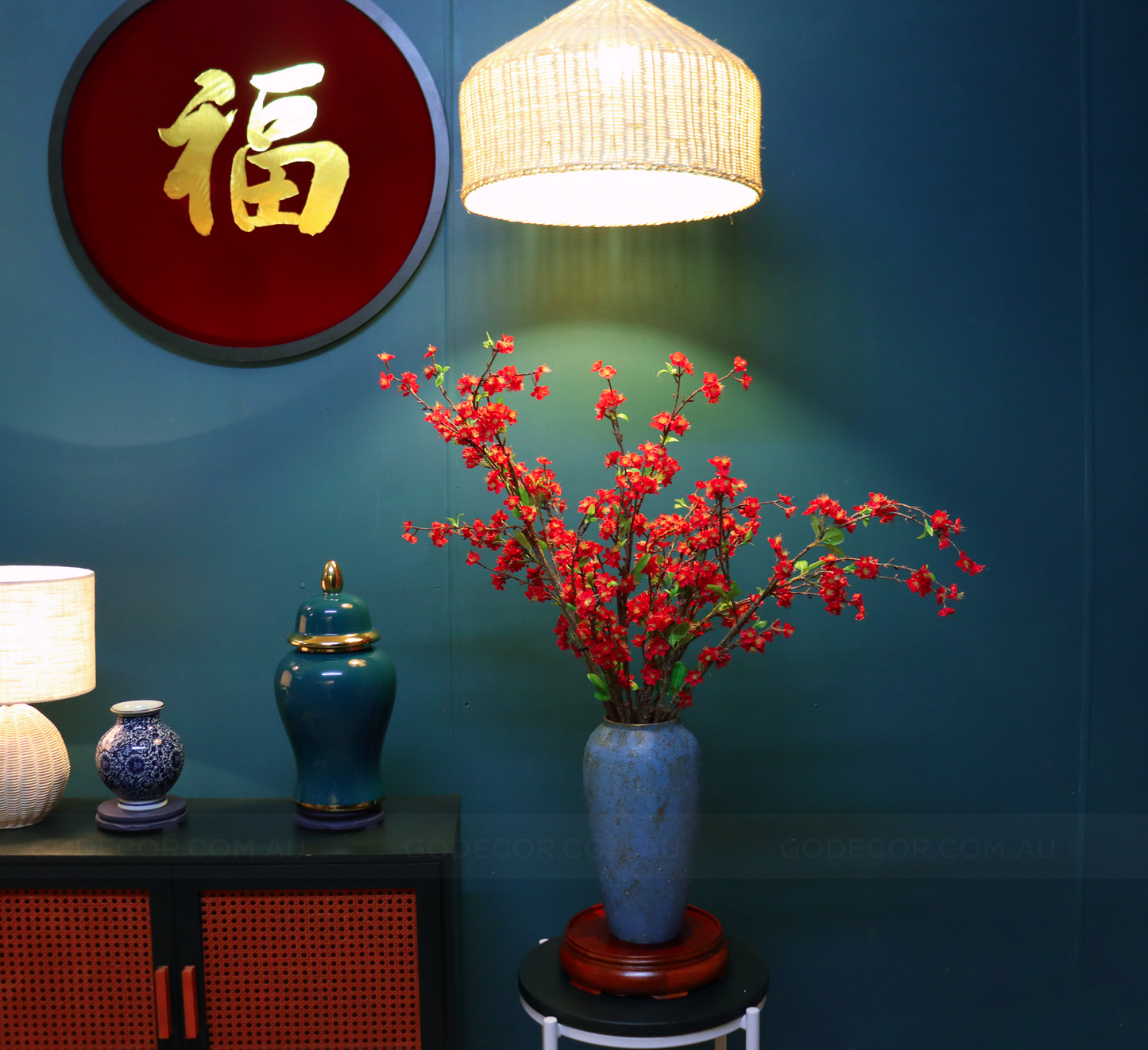 1M Tall Artifical Flower Arrangement Red Cherry Blossom In Vase (ARBK3)