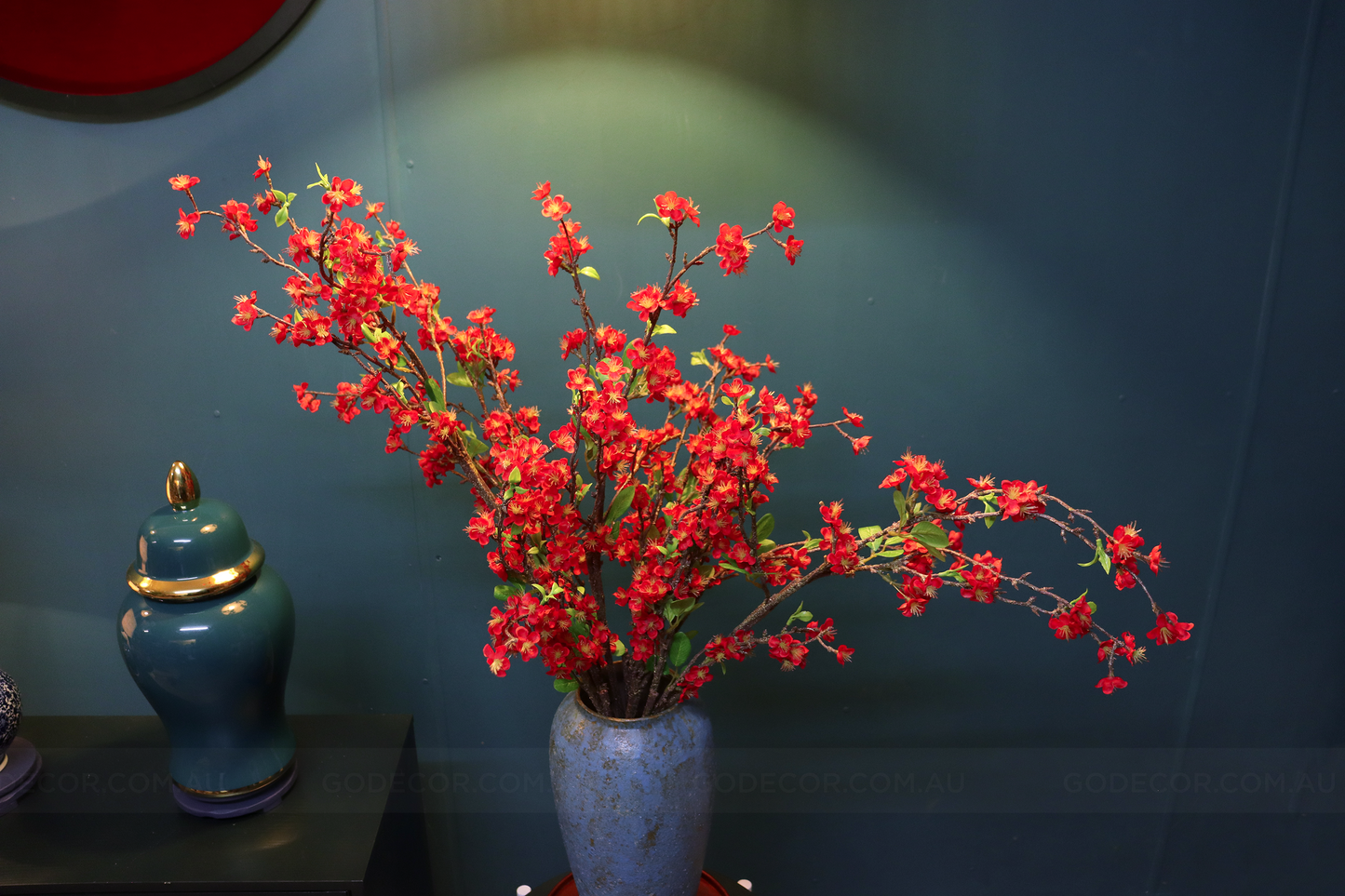 1M Tall Artifical Flower Arrangement Red Cherry Blossom In Vase (ARBK3)