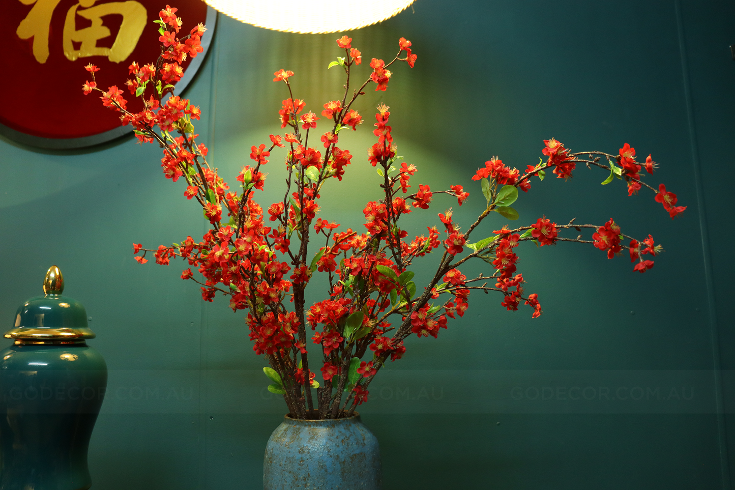 1M Tall Artifical Flower Arrangement Red Cherry Blossom In Vase (ARBK3)