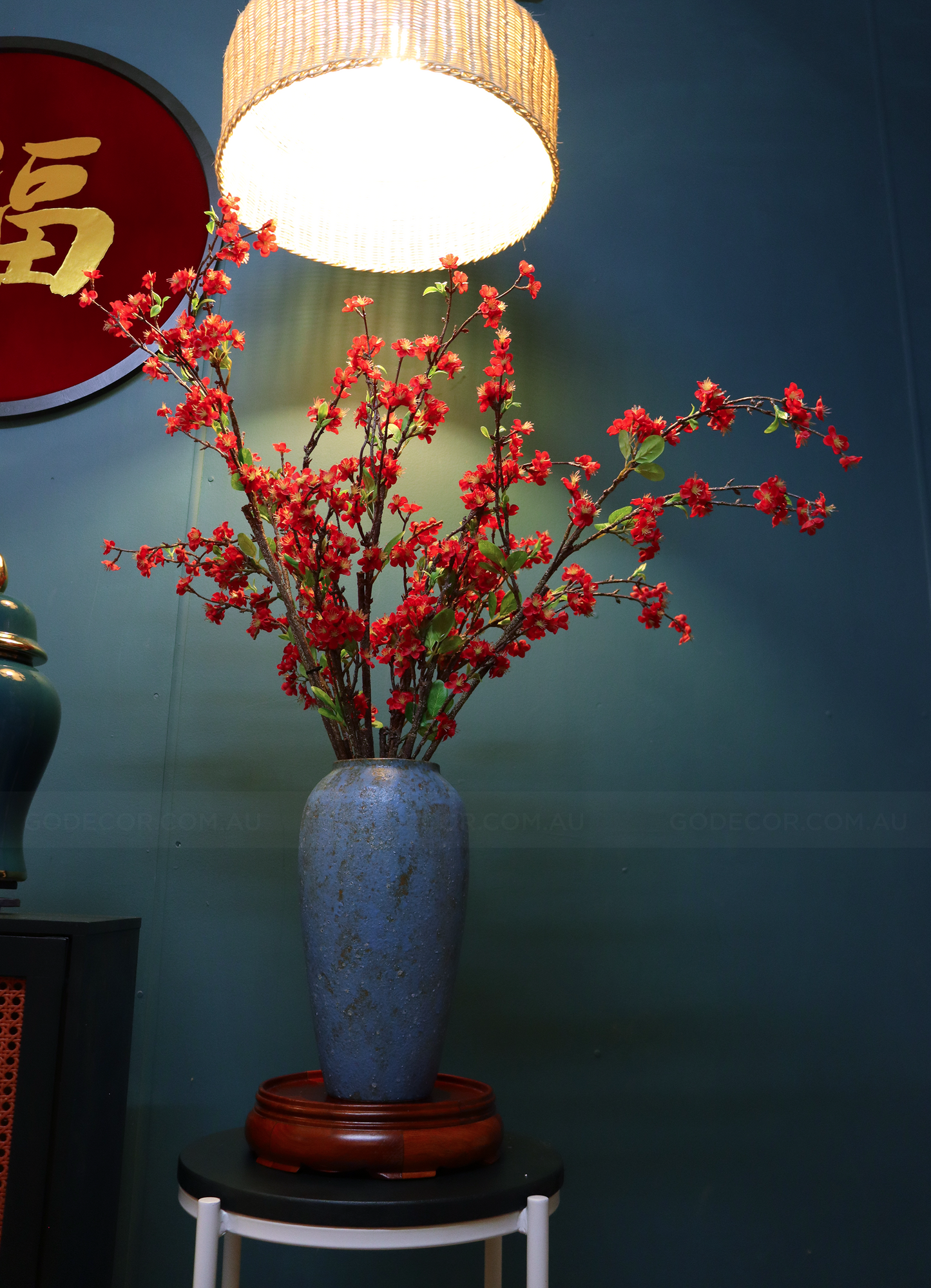 1M Tall Artifical Flower Arrangement Red Cherry Blossom In Vase (ARBK3)