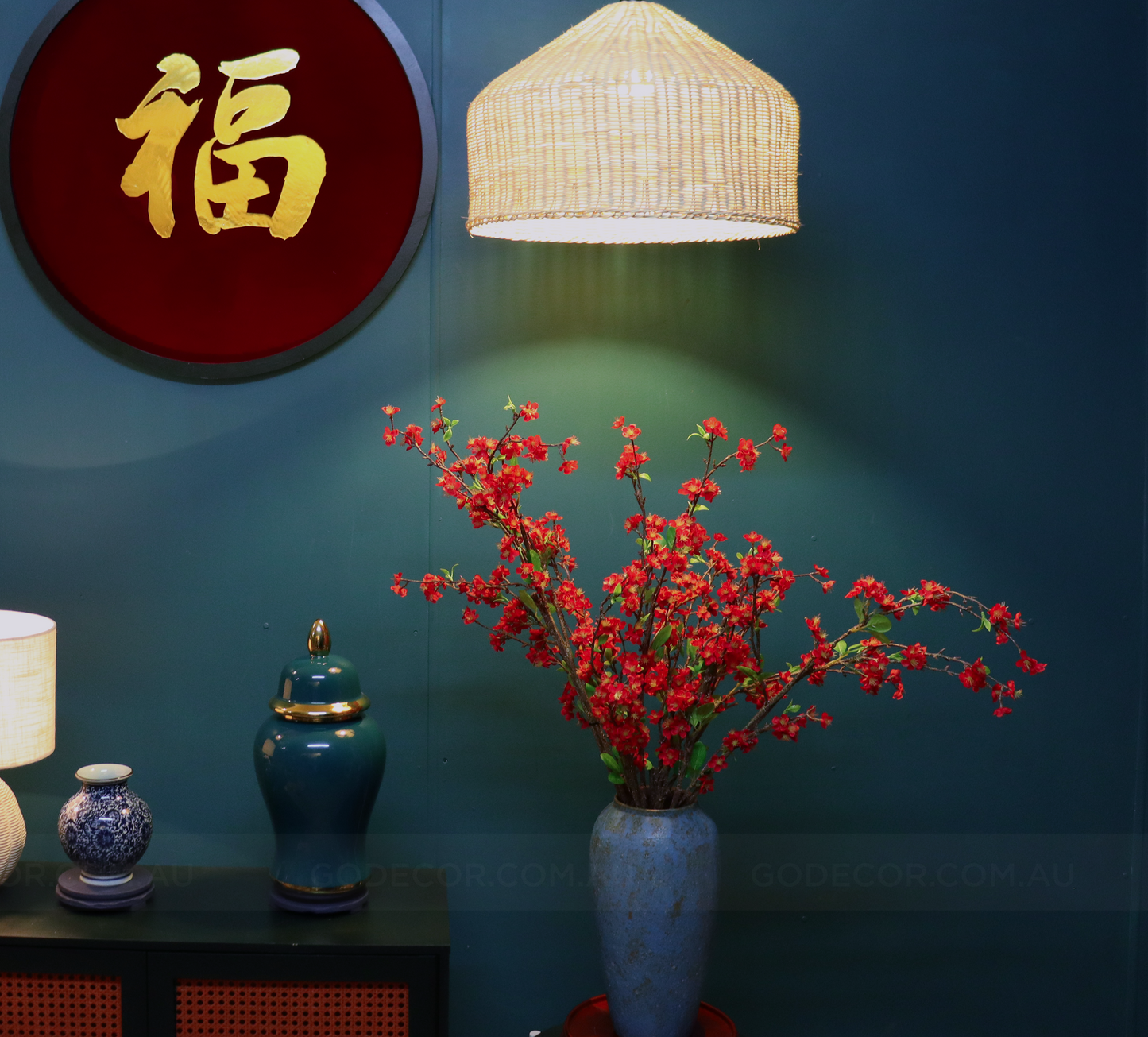 1M Tall Artifical Flower Arrangement Red Cherry Blossom In Vase (ARBK3)