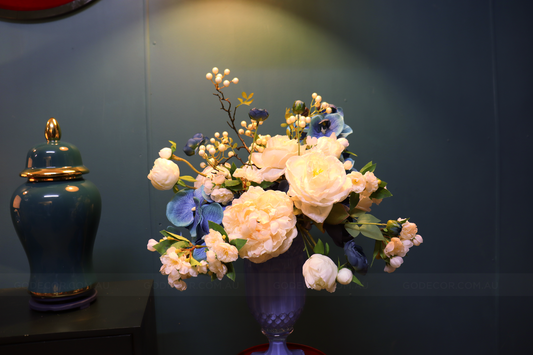 65CM Tall Arrangement  Artificial Flowers In Royal Blue Glass Vase(ARBS1)