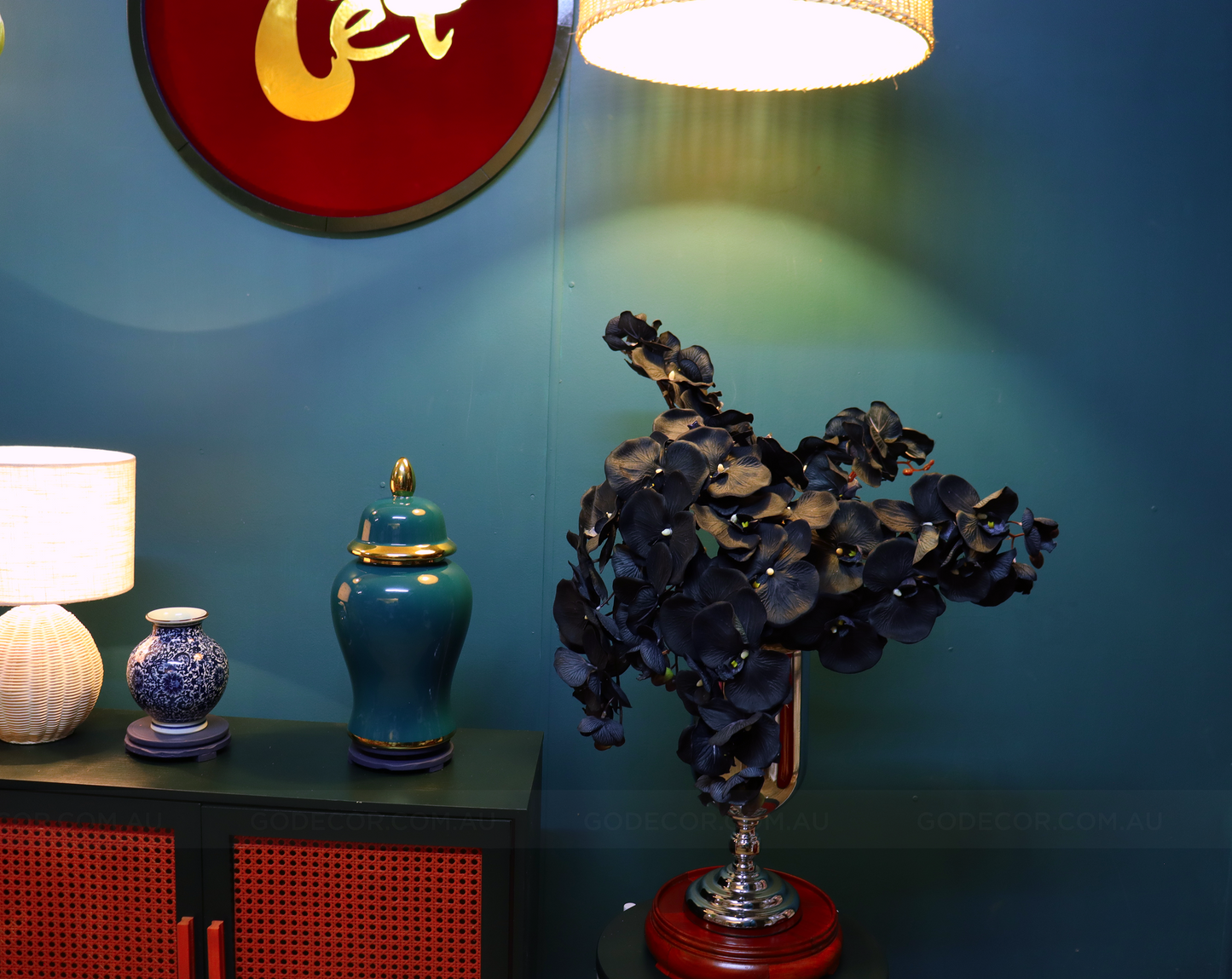 80CM Tall Artificial Flower Arrangement Black Orchids In Vase (ARBR2)