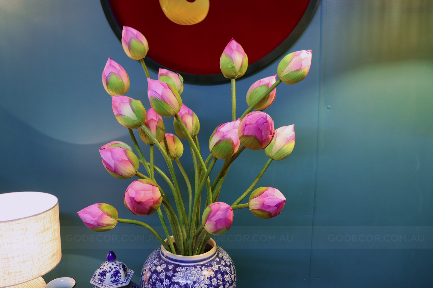 85CM Tall Artificial Flower Arrangement Realistic Lotus In Blue & White Pattern Jar (ARCK1)