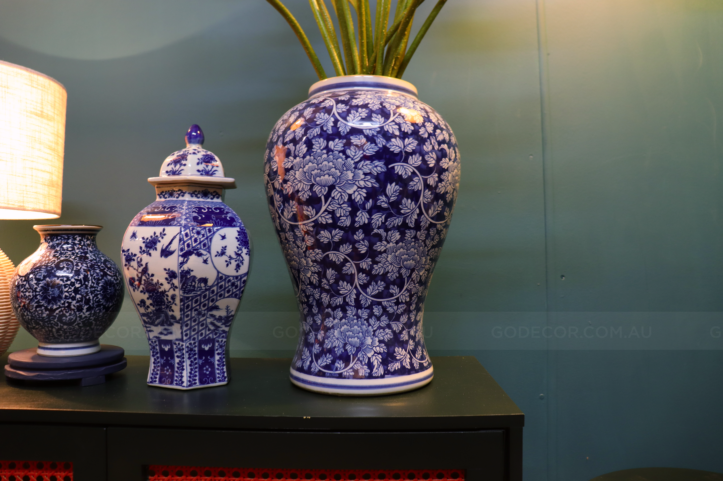 85CM Tall Artificial Flower Arrangement Realistic Lotus In Blue & White Pattern Jar (ARCK1)