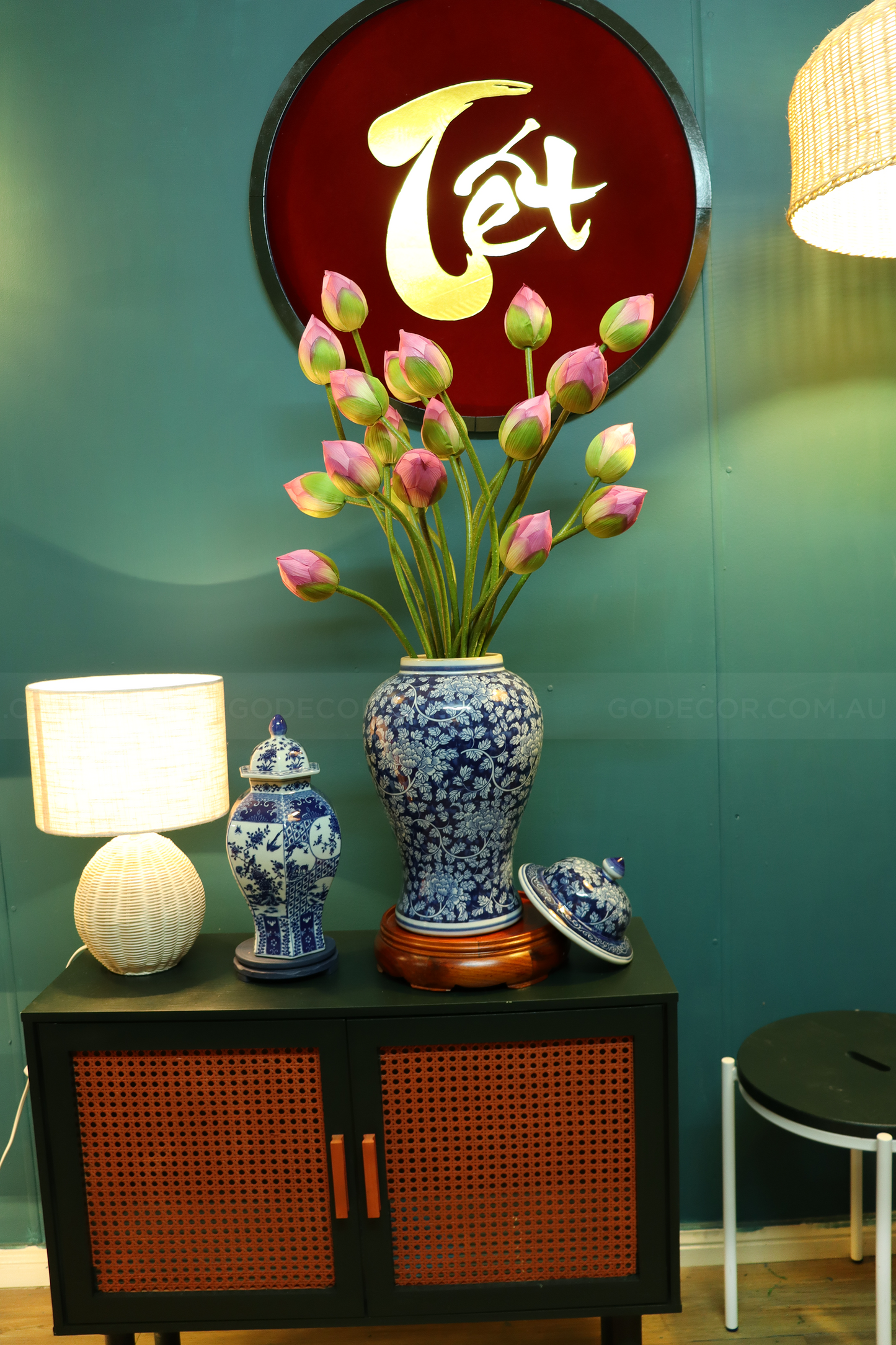 85CM Tall Artificial Flower Arrangement Realistic Lotus In Blue & White Pattern Jar (ARCK1)