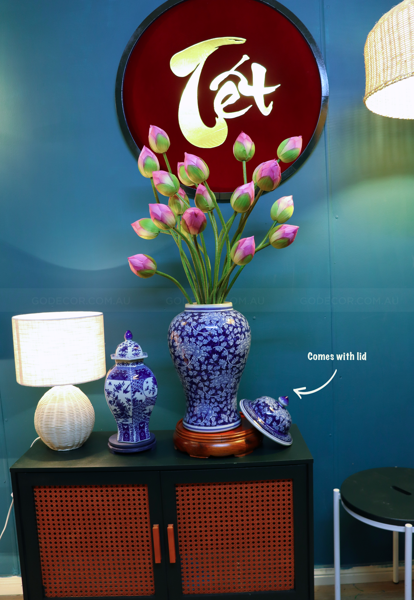 85CM Tall Artificial Flower Arrangement Realistic Lotus In Blue & White Pattern Jar (ARCK1)
