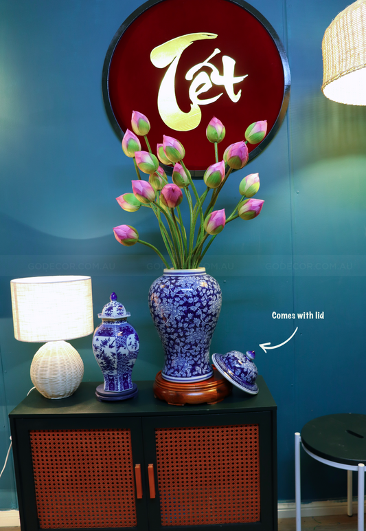 85CM Tall Artificial Flower Arrangement Realistic Lotus In Blue & White Pattern Jar (ARCK1)