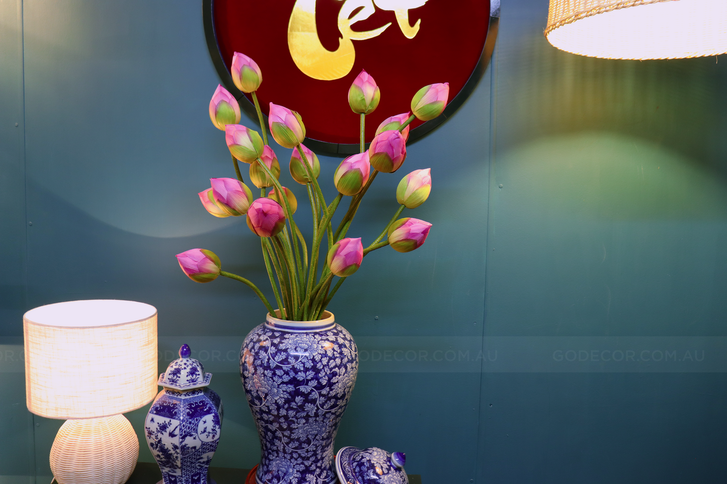 85CM Tall Artificial Flower Arrangement Realistic Lotus In Blue & White Pattern Jar (ARCK1)