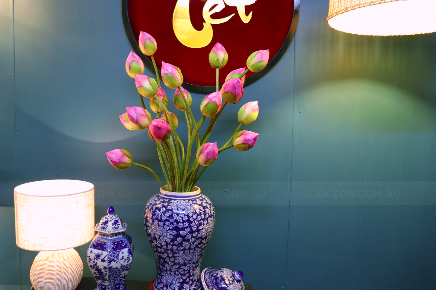 85CM Tall Artificial Flower Arrangement Realistic Lotus In Blue & White Pattern Jar (ARCK1)