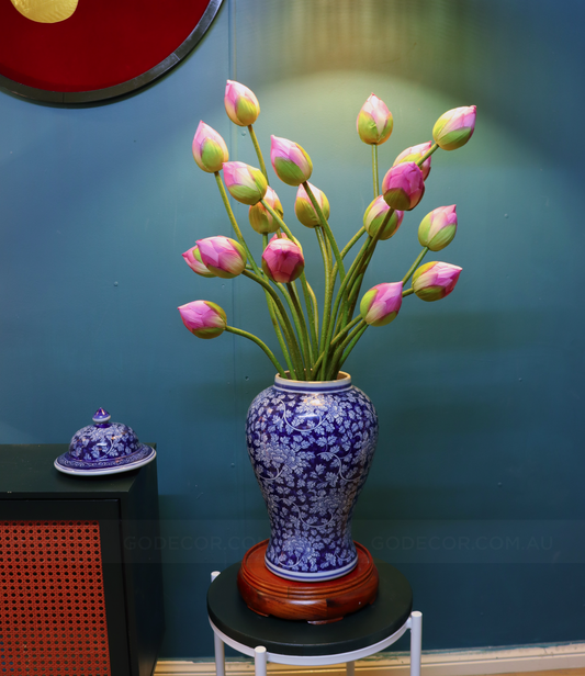 85CM Tall Artificial Flower Arrangement Realistic Lotus In Blue & White Pattern Jar (ARCK1)