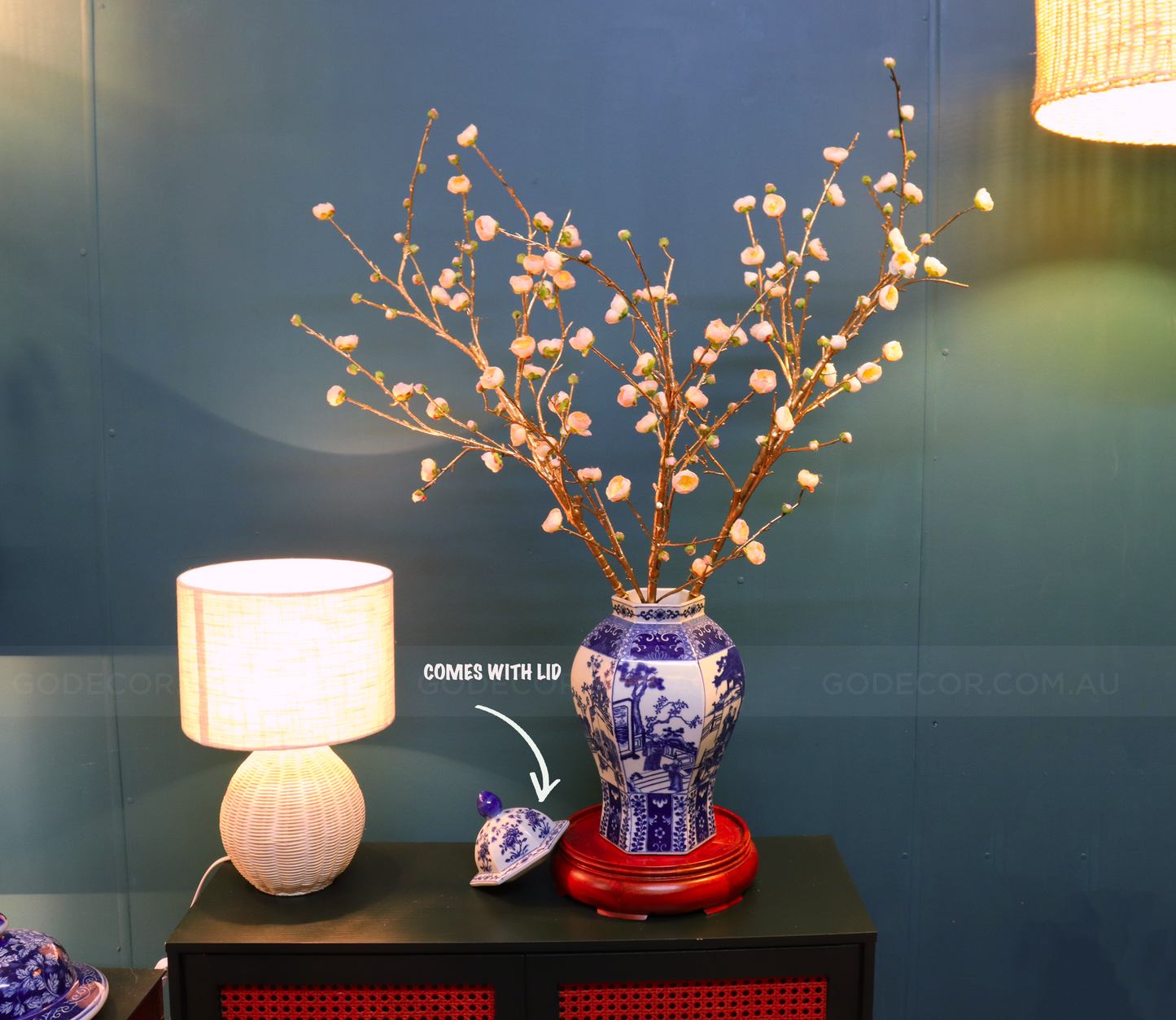 86CM Tall Artificial Flower Arrangement Gold Plum Blossom In Blue & White Pattern Jar(ARBU2)