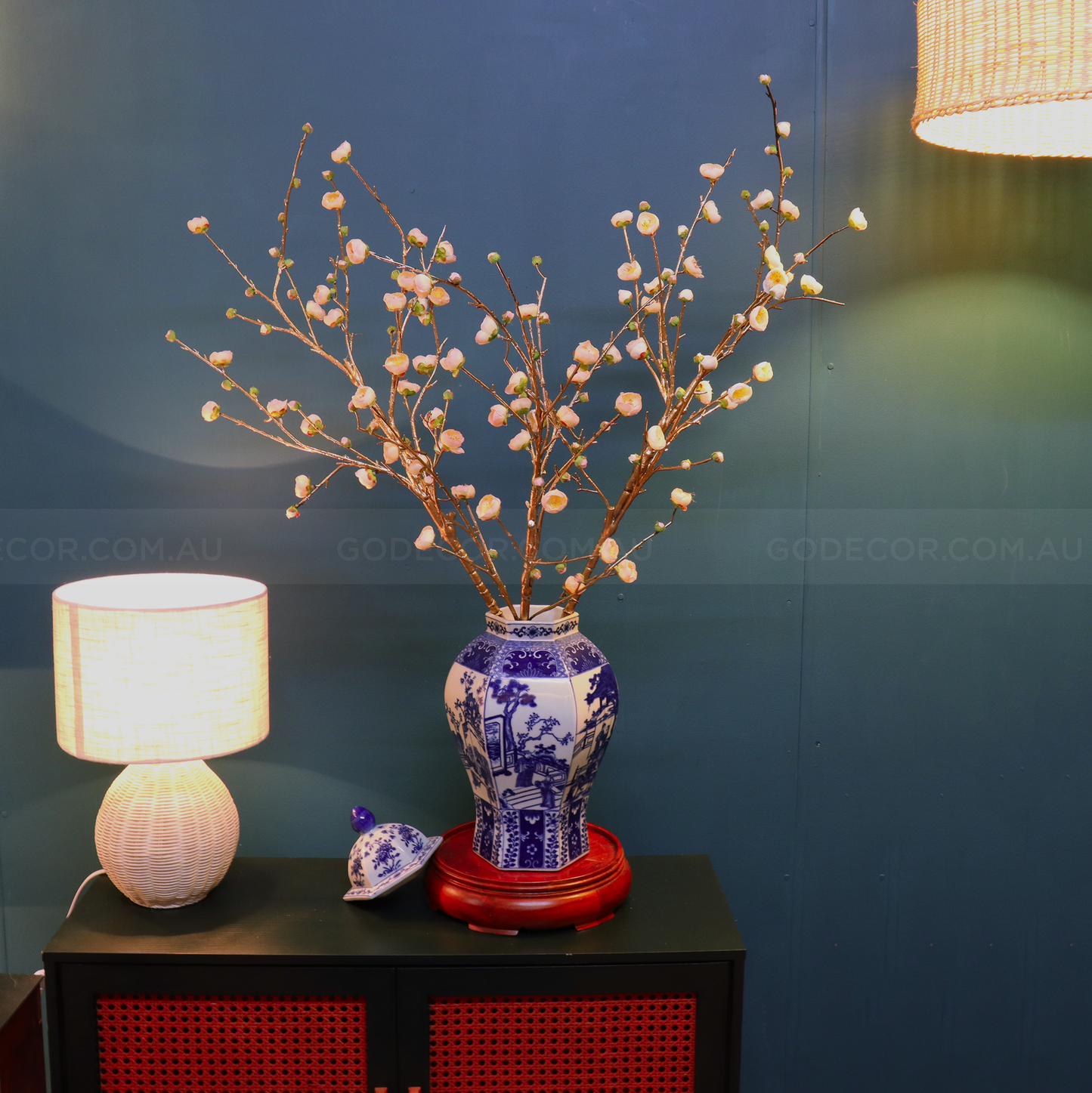 86CM Tall Artificial Flower Arrangement Gold Plum Blossom In Blue & White Pattern Jar(ARBU2)
