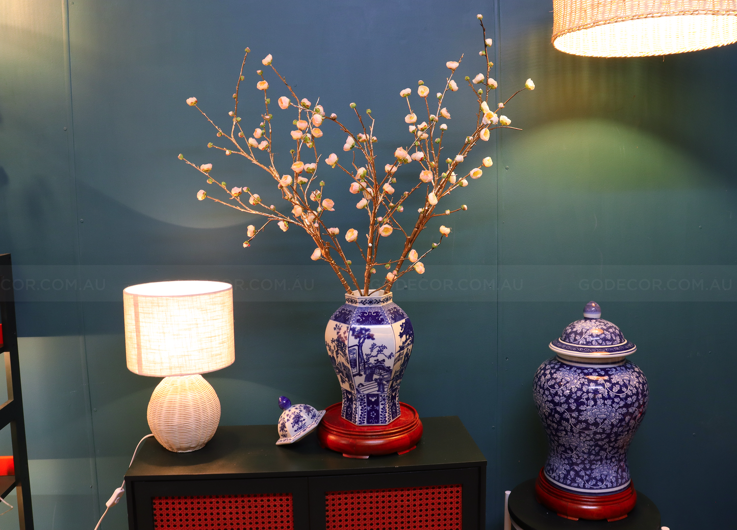 86CM Tall Artificial Flower Arrangement Gold Plum Blossom In Blue & White Pattern Jar(ARBU2)