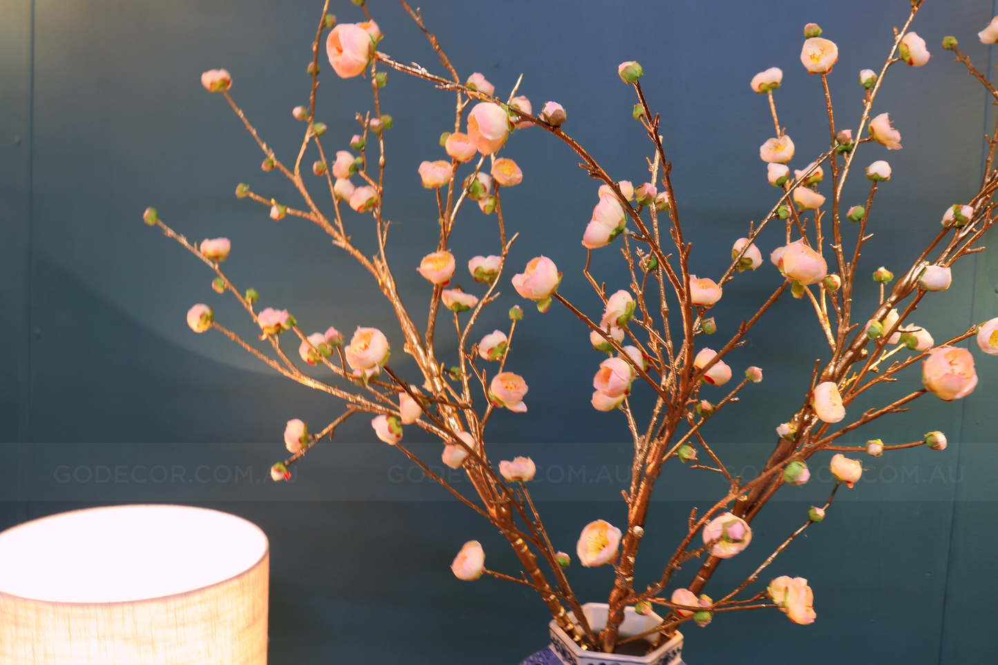 86CM Tall Artificial Flower Arrangement Gold Plum Blossom In Blue & White Pattern Jar(ARBU2)