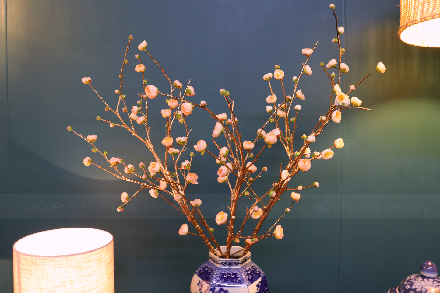 86CM Tall Artificial Flower Arrangement Gold Plum Blossom In Blue & White Pattern Jar(ARBU2)