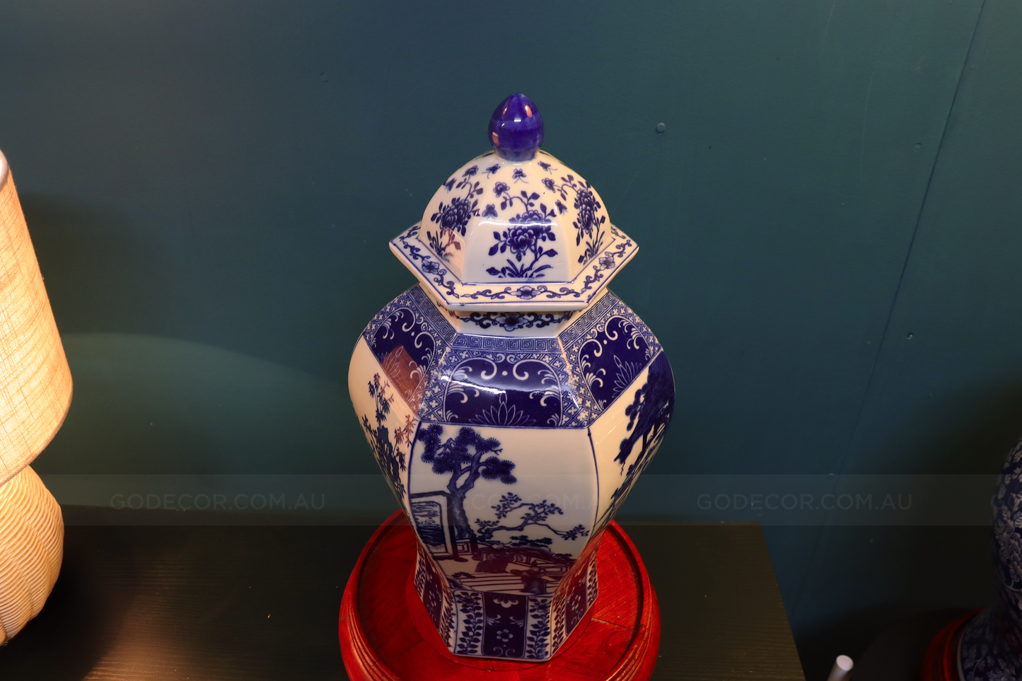 86CM Tall Artificial Flower Arrangement Gold Plum Blossom In Blue & White Pattern Jar(ARBU2)