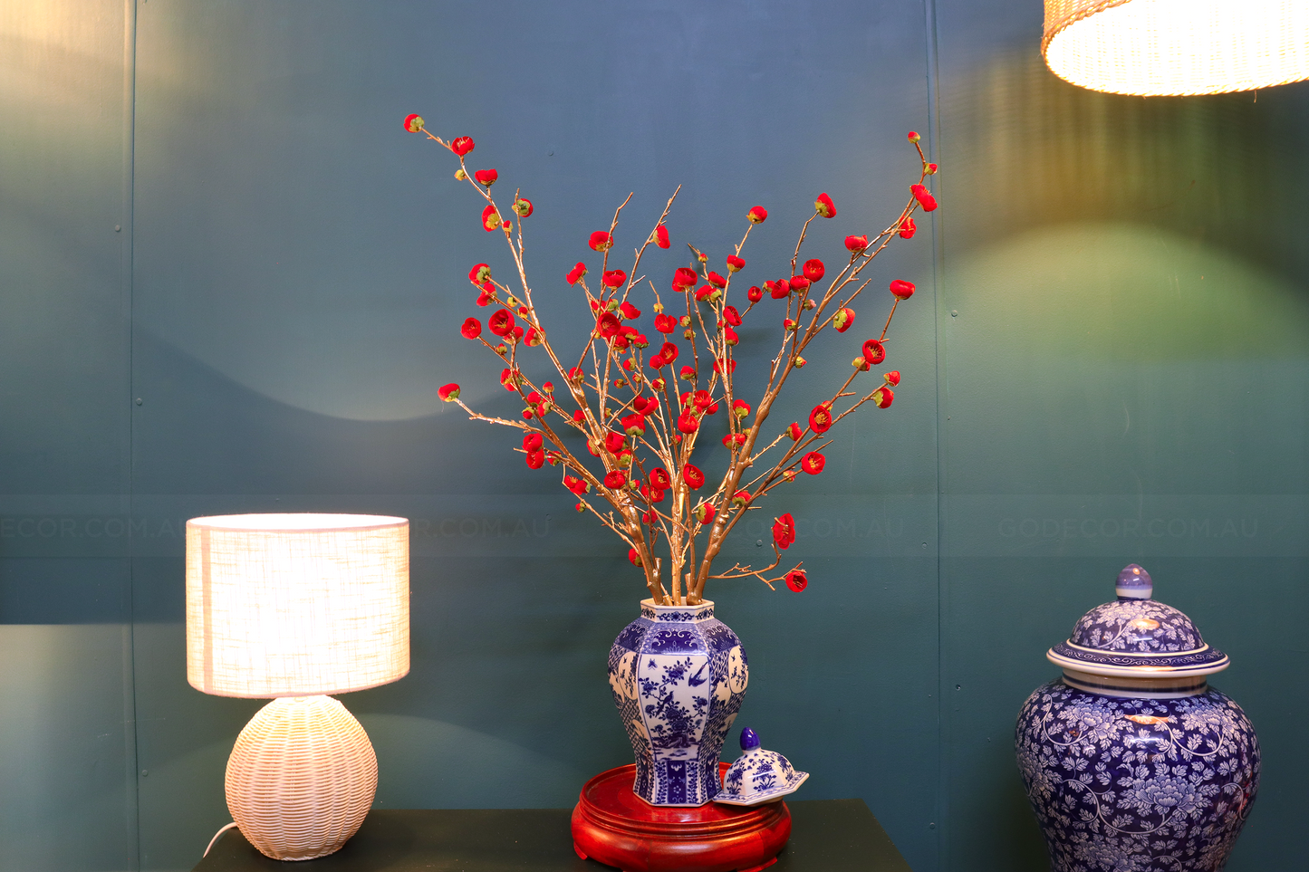 80CM Tall Artificial Flower Arrangement Red Plum Blossom In Blue & White Pattern Jar (ARBV1)