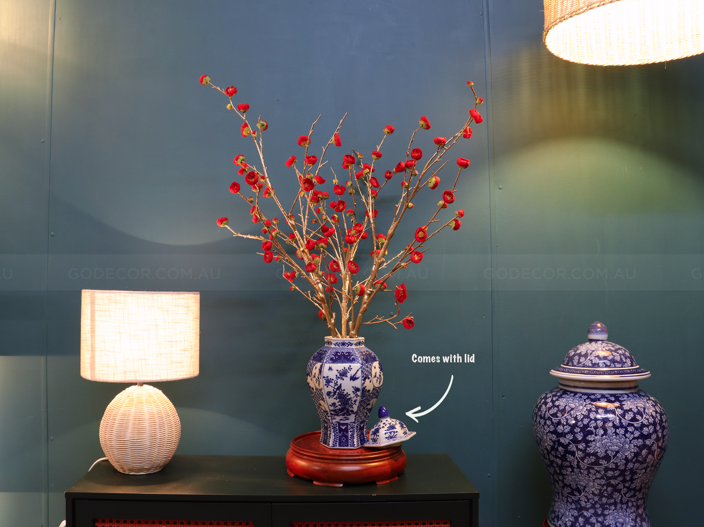 80CM Tall Artificial Flower Arrangement Red Plum Blossom In Blue & White Pattern Jar (ARBV1)