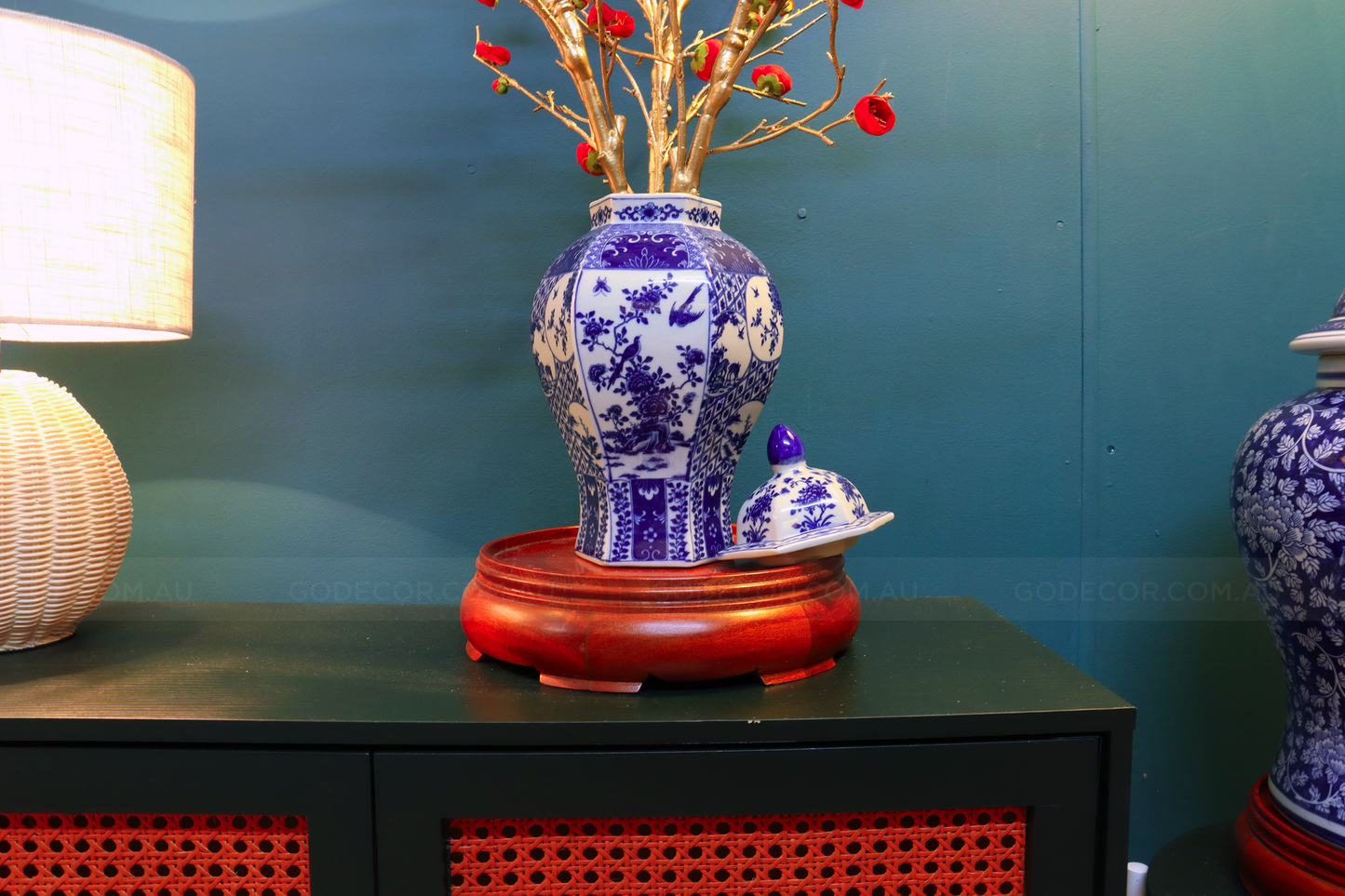 80CM Tall Artificial Flower Arrangement Red Plum Blossom In Blue & White Pattern Jar (ARBV1)