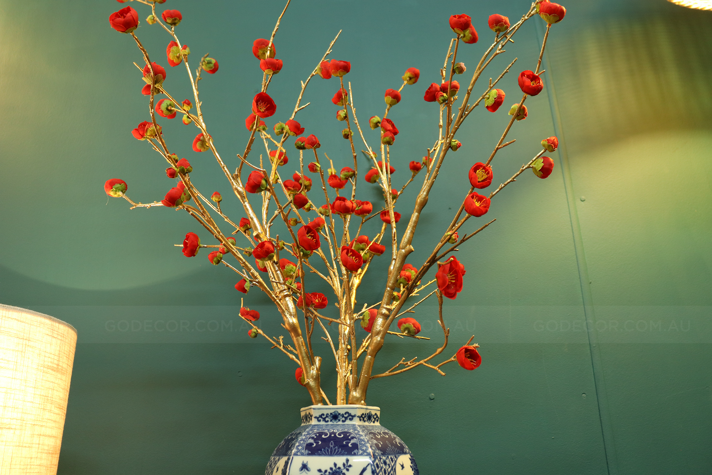 80CM Tall Artificial Flower Arrangement Red Plum Blossom In Blue & White Pattern Jar (ARBV1)