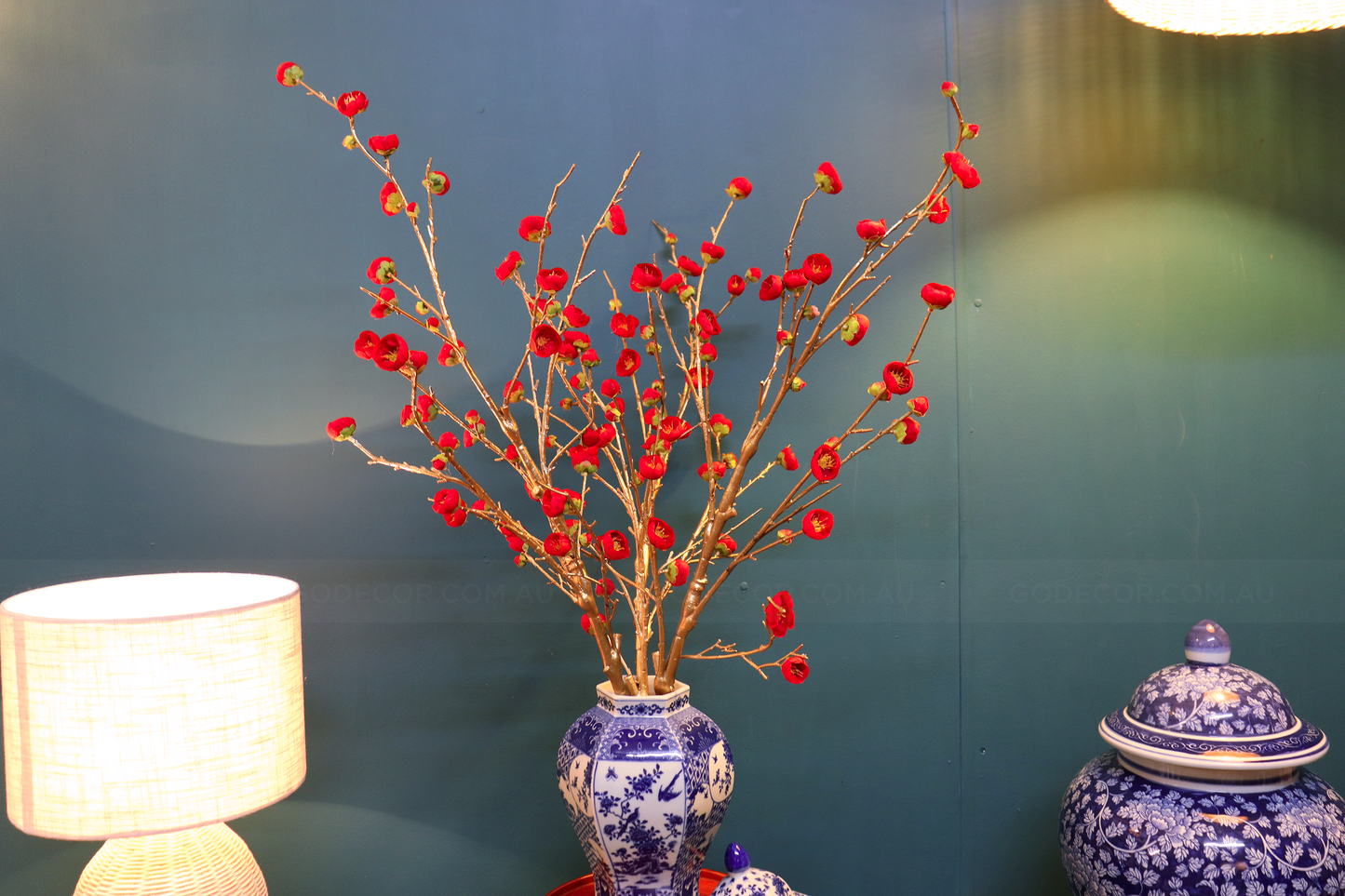 80CM Tall Artificial Flower Arrangement Red Plum Blossom In Blue & White Pattern Jar (ARBV1)
