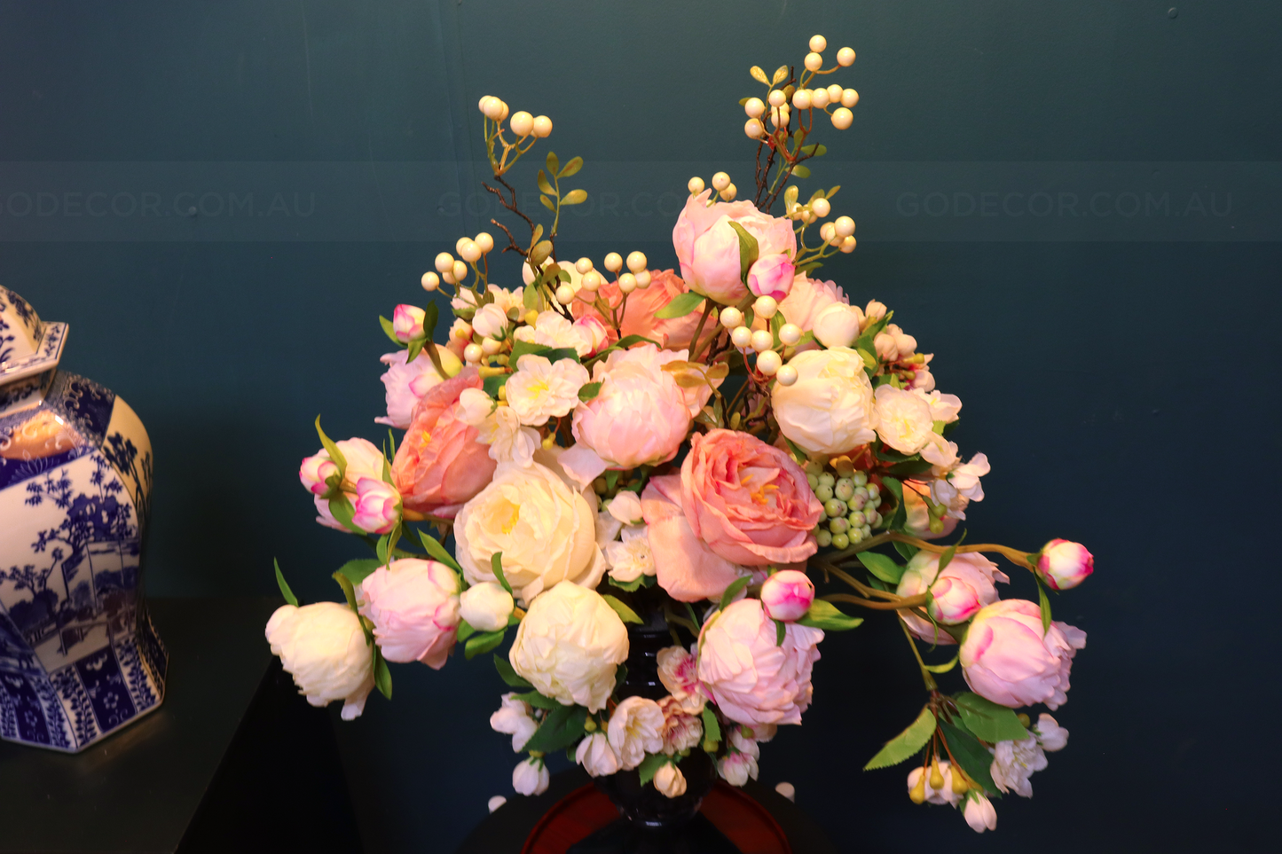 68CM Tall Arrangement Boutique Of Artificial Flower In Denim Glass Vase (ARBS7)